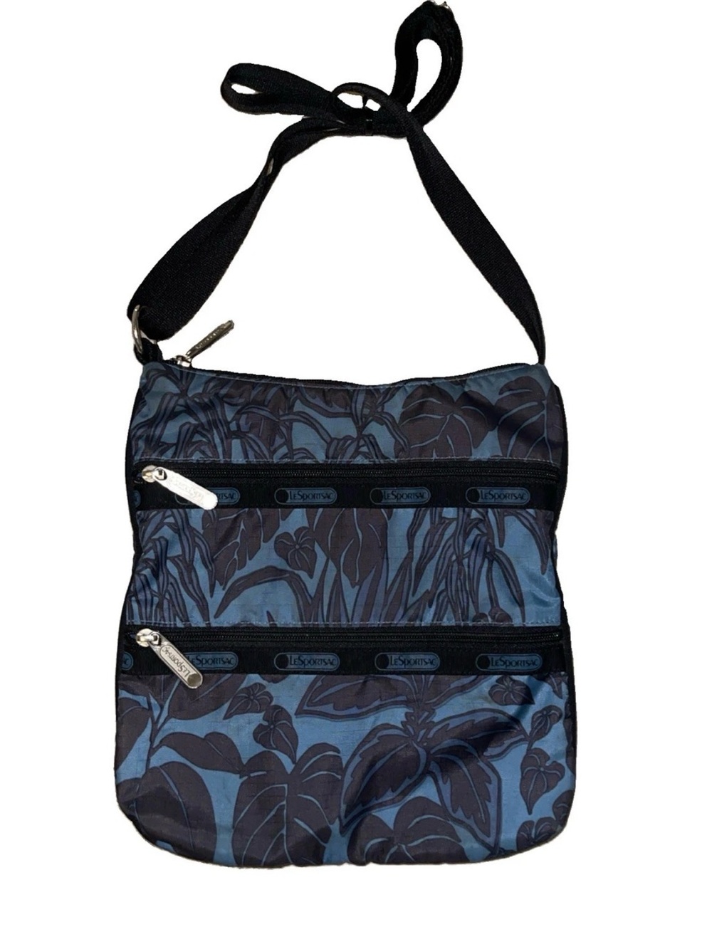 LeSportsac Logo 3-Zip Crossbody Blue Tropical Bag with Adjustable Straps Rare